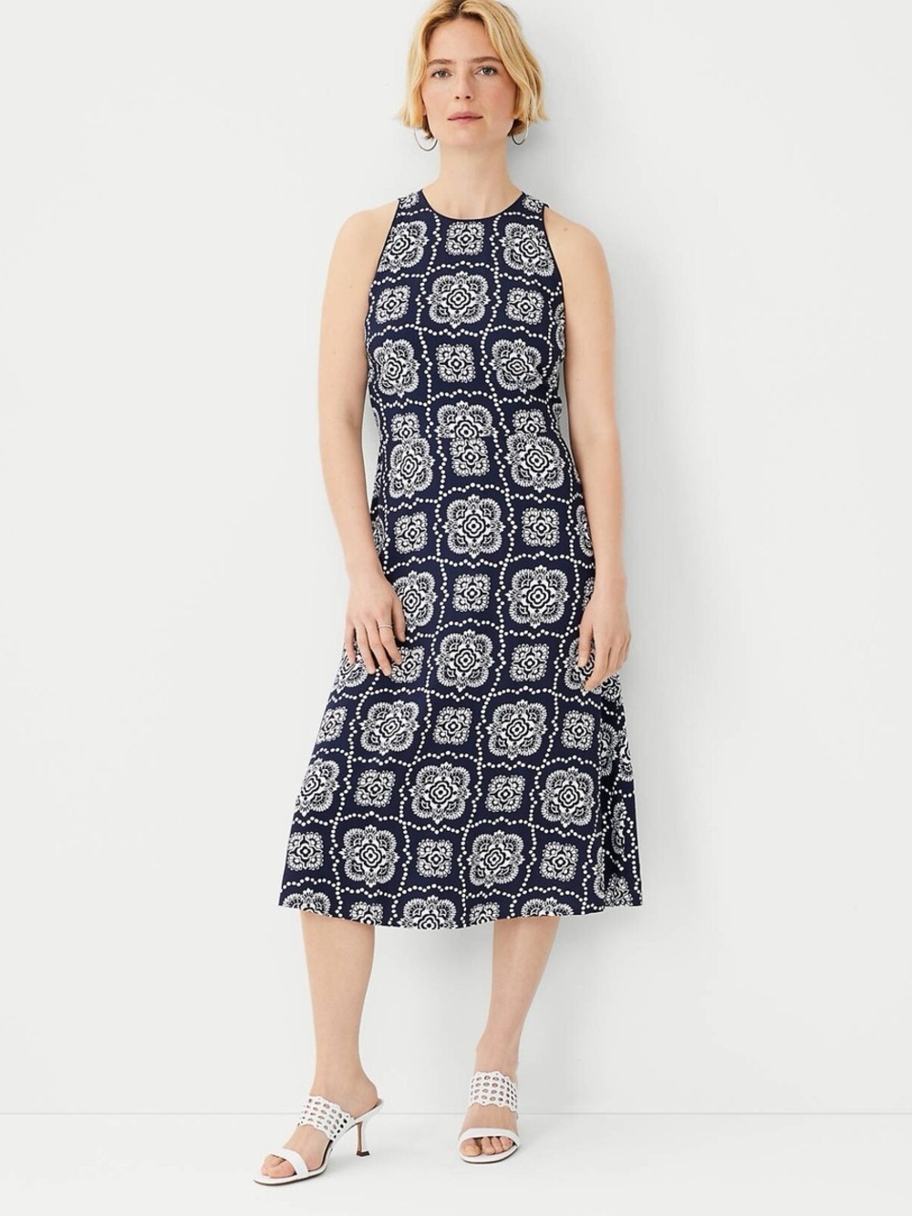 Ann Taylor Navy and White Patterned Sleeveless Midi Dress
